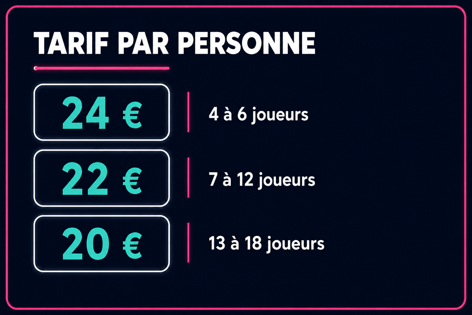 Tarifs Rival Quiz Valence : 24 € par personne pour 4 à 6 joueurs, 22 € pour 7 à 12 joueurs et 20 € pour 13 à 18 joueurs.