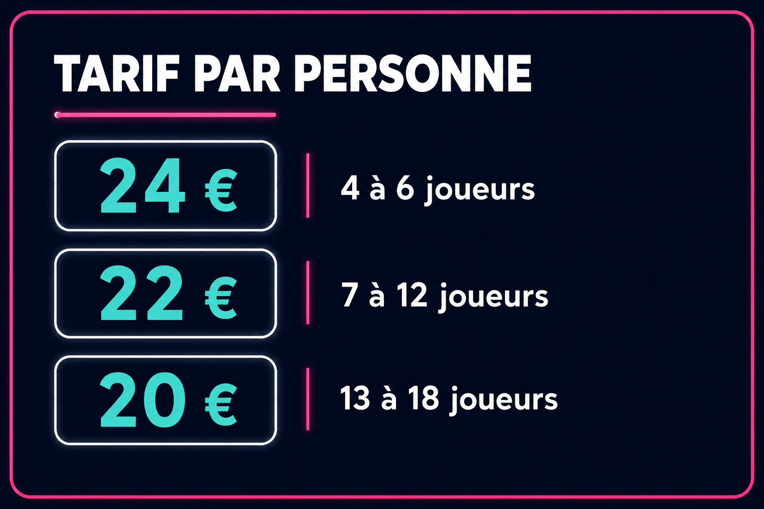 Tarifs Rival Quiz Valence : 24 € par personne pour 4 à 6 joueurs, 22 € pour 7 à 12 joueurs et 20 € pour 13 à 18 joueurs.